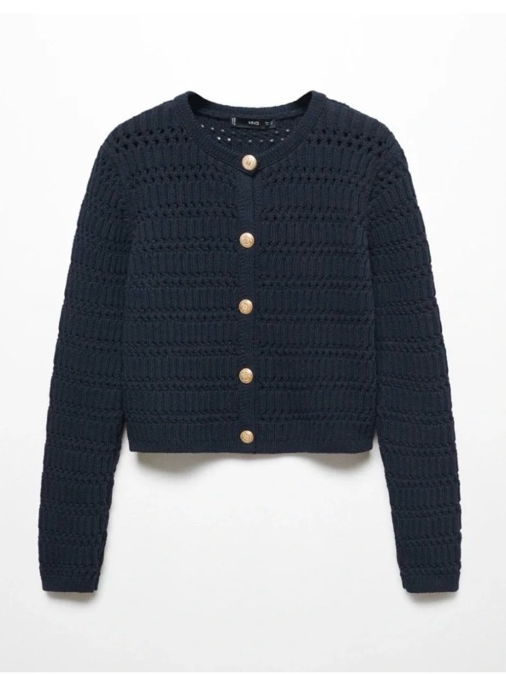 Mango Navy Cropped Textured Knit Cardigan with Gold Buttons